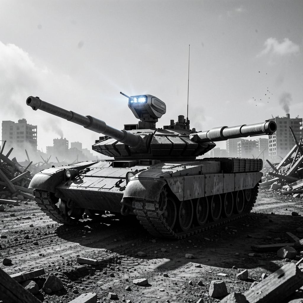Heavily armored tank with active protection system in war-torn landscape.