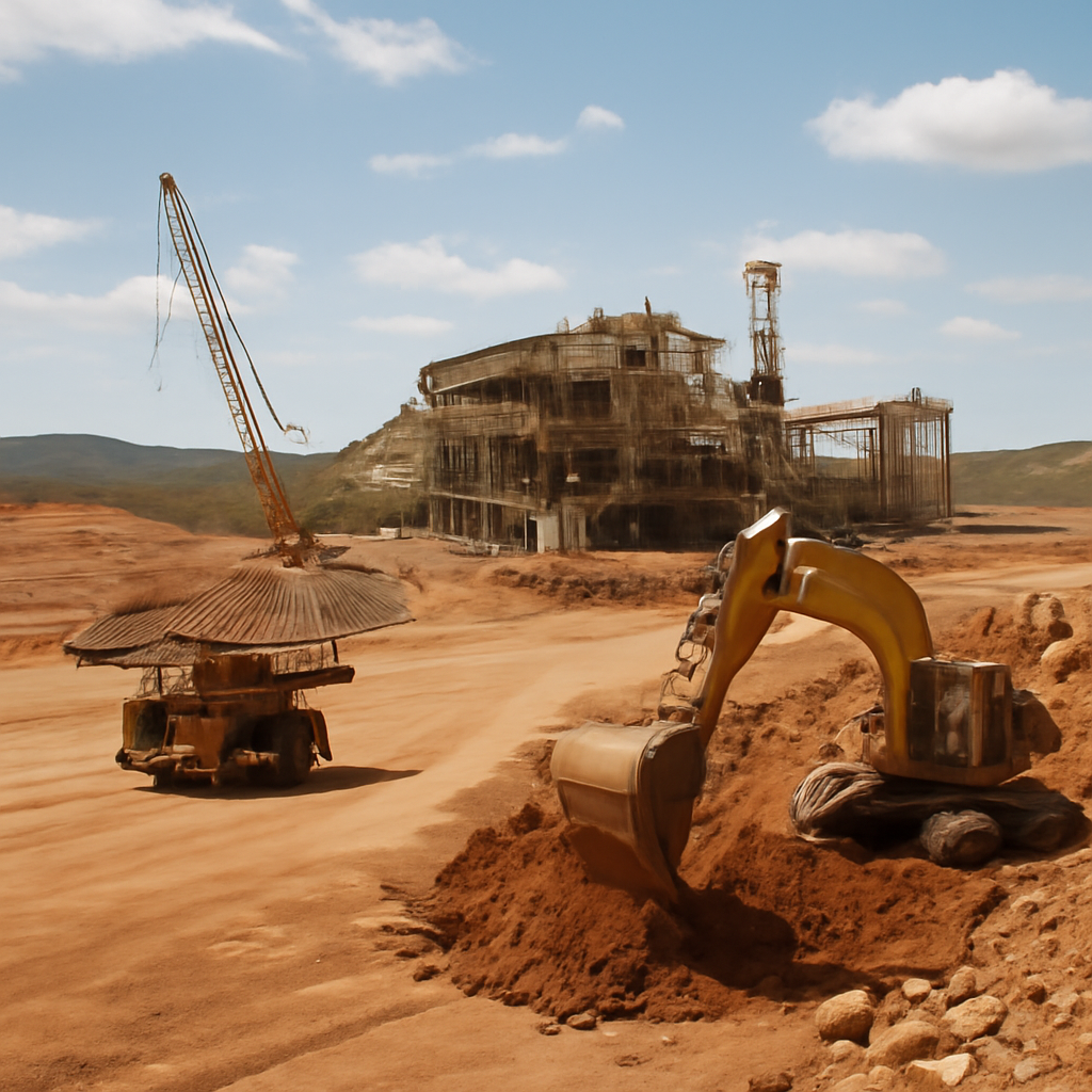 Mining equipment and excavation site in a remote Australian landscape.