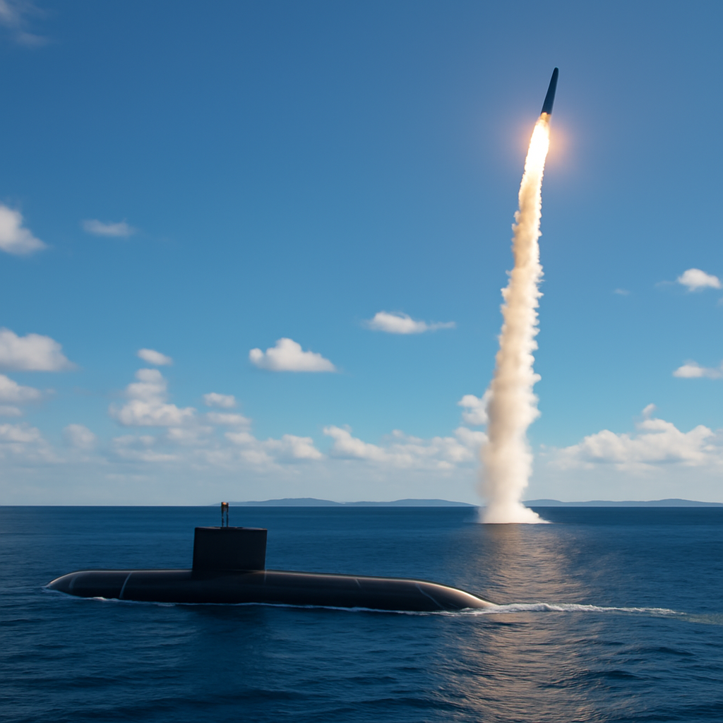 Submarine launches ballistic missile over Pacific coastline with islands on the horizon.
