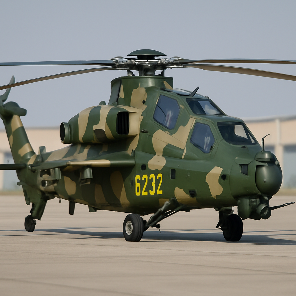 PLA Z-21 heavy attack helicopter on a runway with camouflage and serial number visible.