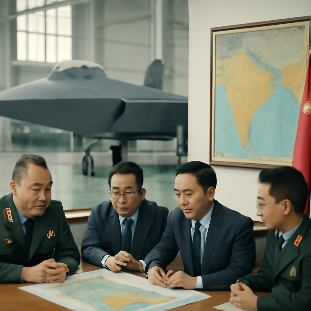Officials discuss in front of a blurred fifth-generation fighter jet.