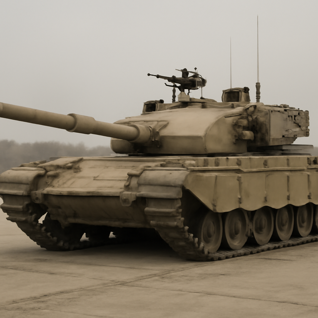 Chinese military tank with customized armor and turret on a training ground.