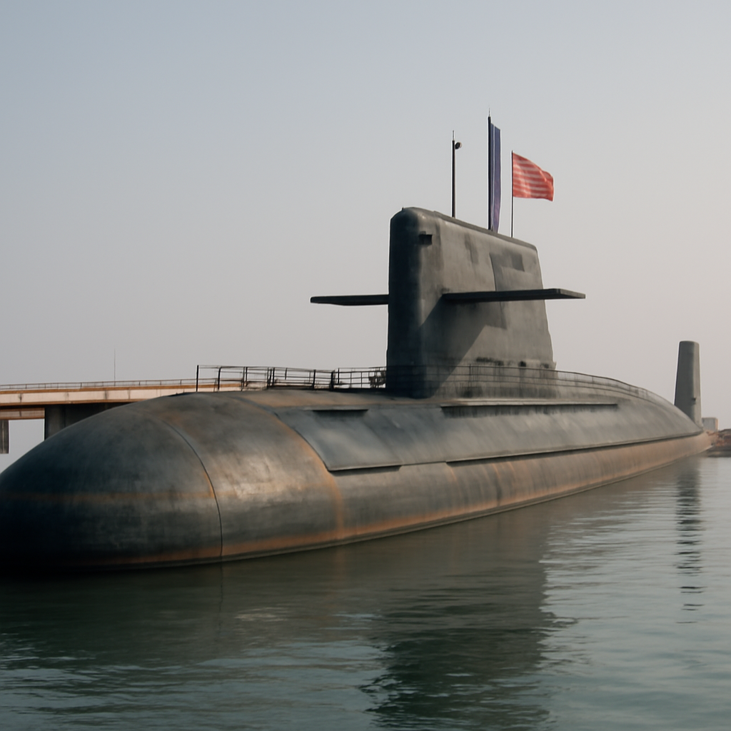 China's first ballistic-missile submarine, a Xia-class SSBN, moored in a calm setting.