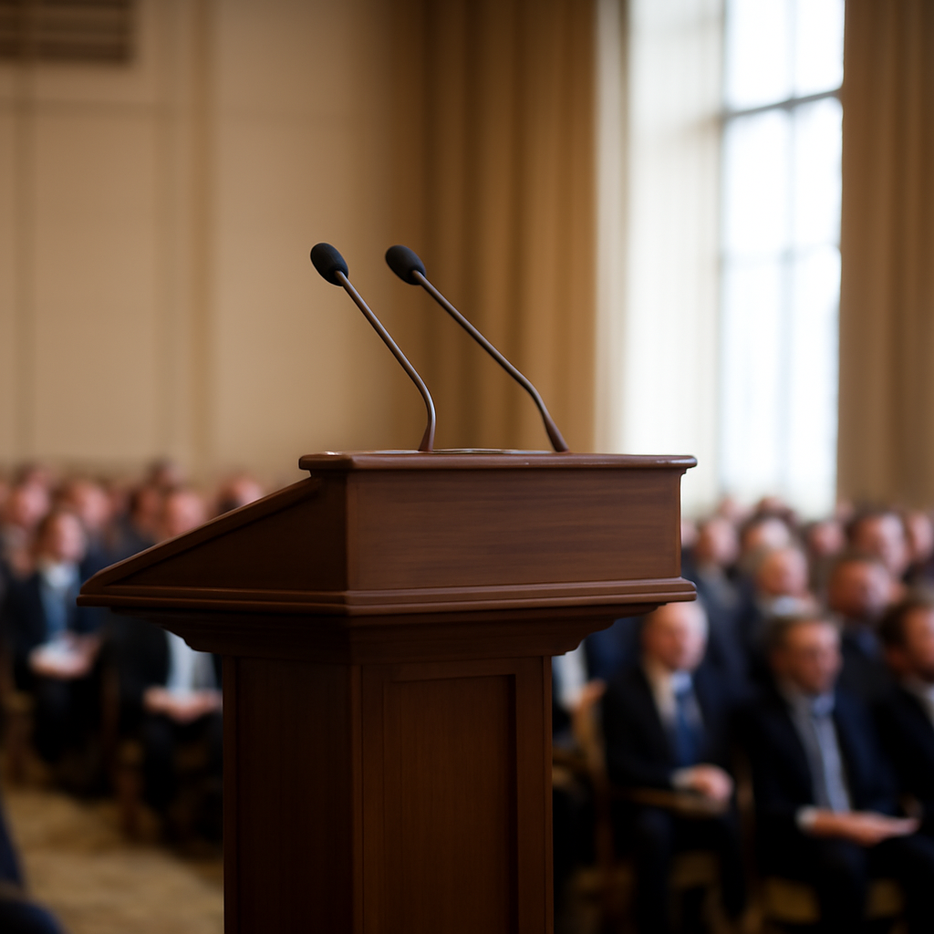 President Xi Jinping gestures at a podium in a well-lit conference room with a blurred audience in the background.