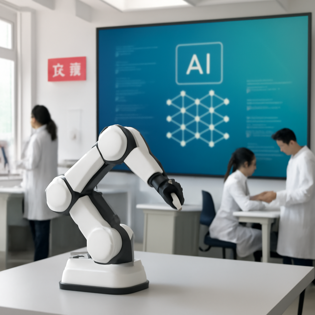 Researchers work in a brightly-lit lab with a large screen displaying an AI model, surrounded by subtle gradient patterns.