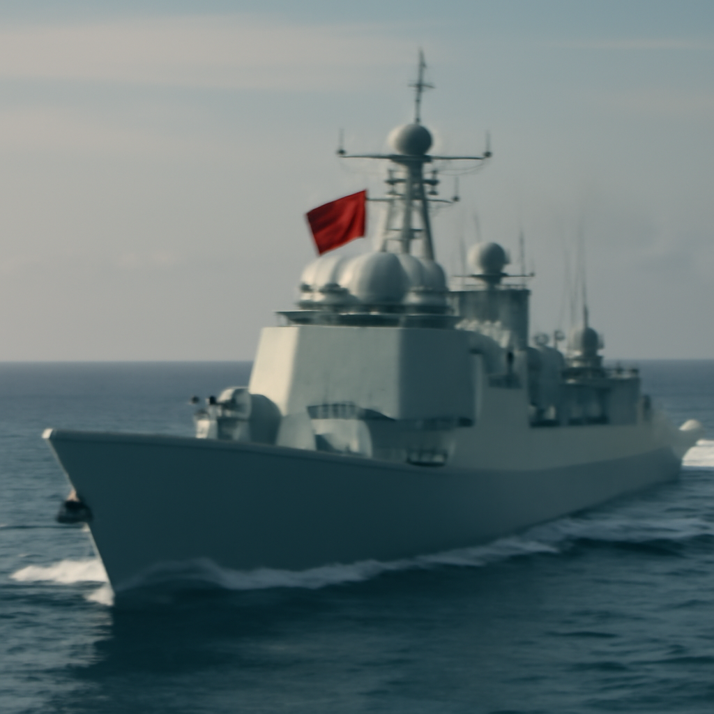 Chinese warship sailing in open waters at an angle to the viewer.