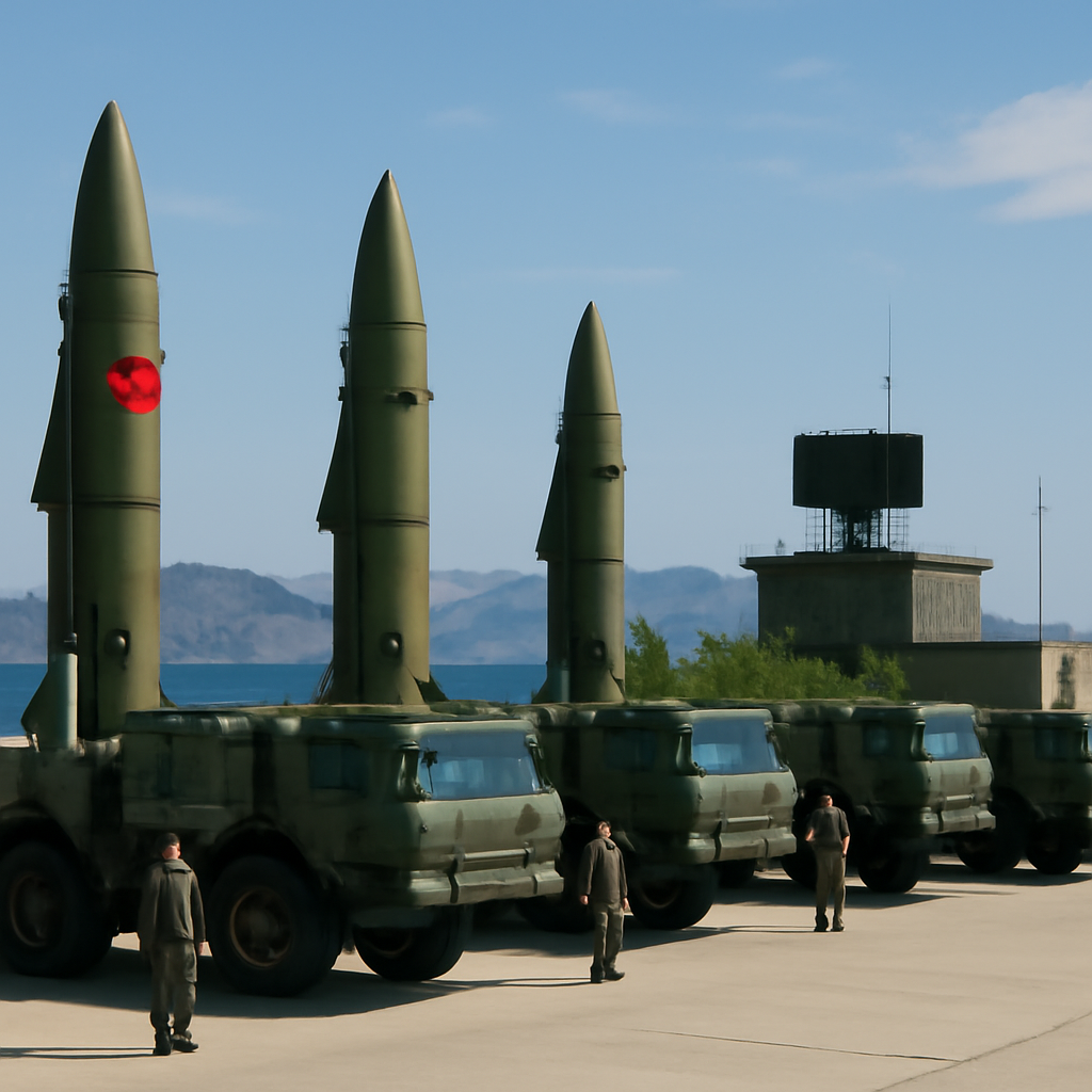 Chinese military base with row of ballistic missile launchers on rugged coastline.