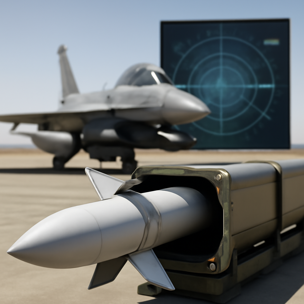 Military aircraft on a deserted airstrip with a missile launcher in the foreground.