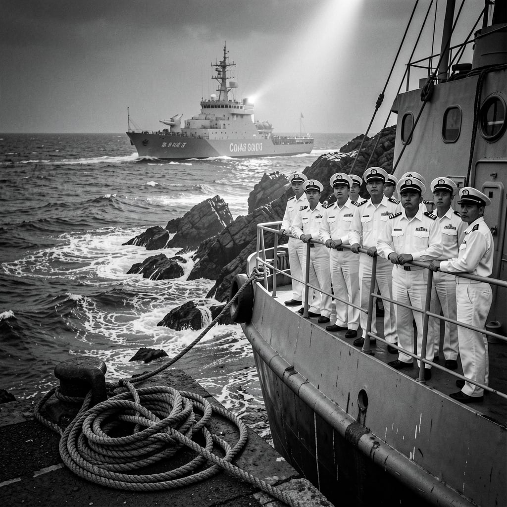 Vintage landing ship docked at rugged coastline with Chinese Coast Guard vessel and personnel in background.