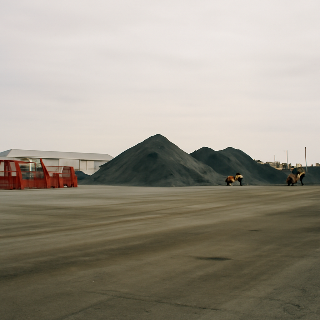 Empty shipping yard with rows of containers and mineral ore piles.