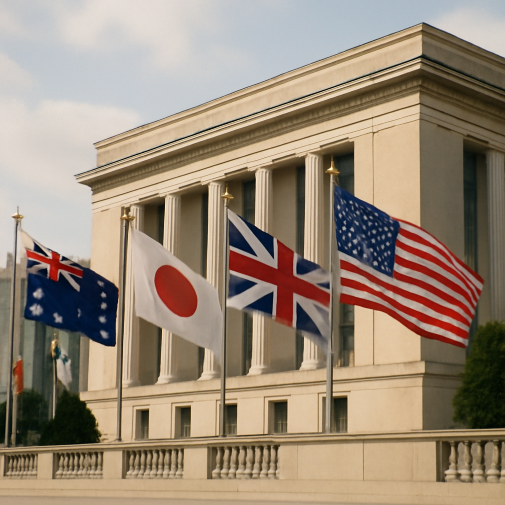 National flags from various countries wave gently in front of a government building.