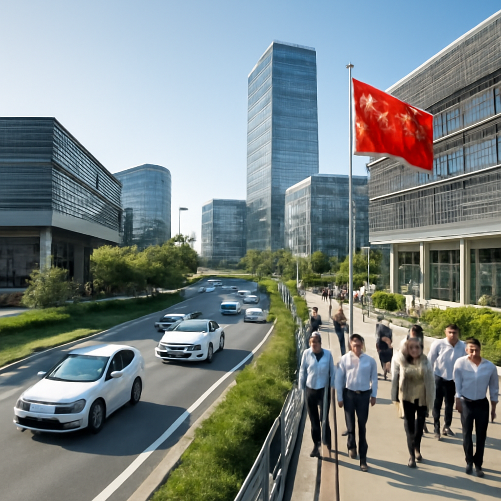Modern Chinese cityscape with sleek skyscrapers, high-tech industrial buildings, and green spaces.