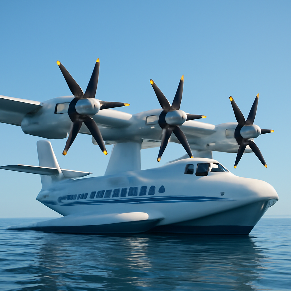Large flying boat on calm water with turboprop engines above the wing under a clear blue sky.