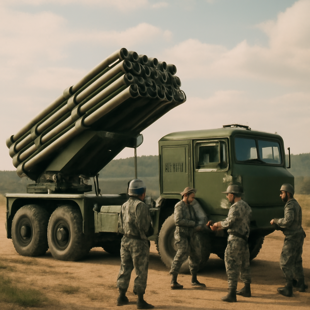 Chinese military artillery launcher positioned in a daytime setting with rolling hills and partly cloudy sky.
