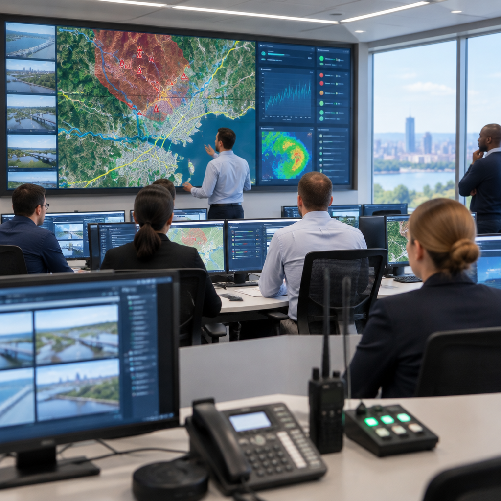 Officials and technicians monitor a large screen display in a brightly-lit command center.