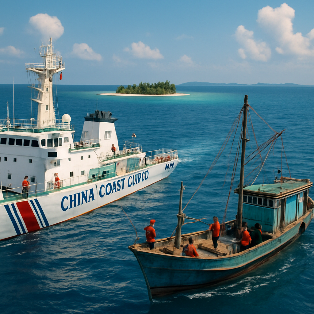 Chinese coast guard vessel and foreign fishing boat interact near island.