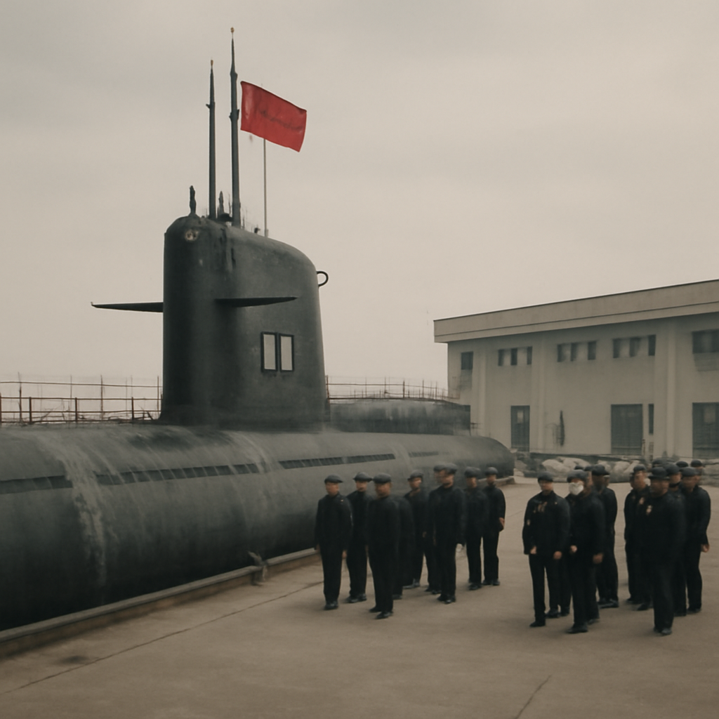 Decommissioned Chinese nuclear submarine docked at a naval facility with crew assembled nearby.