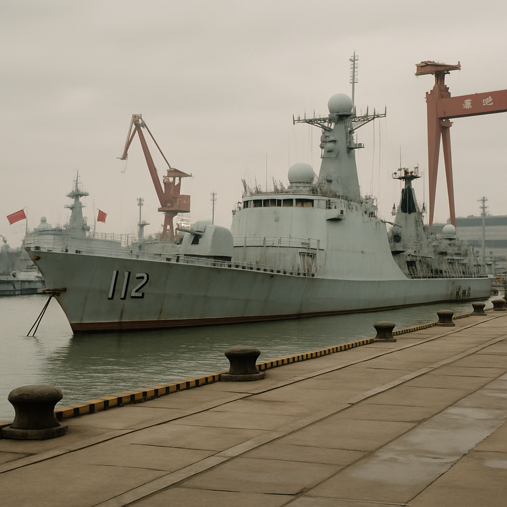 Chinese naval base with dock, support ships, and Harbin destroyer DDG-112 showing wear and decommissioning preparations.