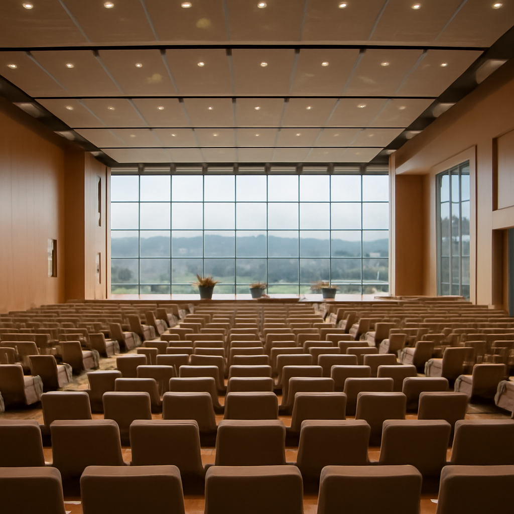 Large, empty modern conference hall with stage and seating, brightly lit by daylight.