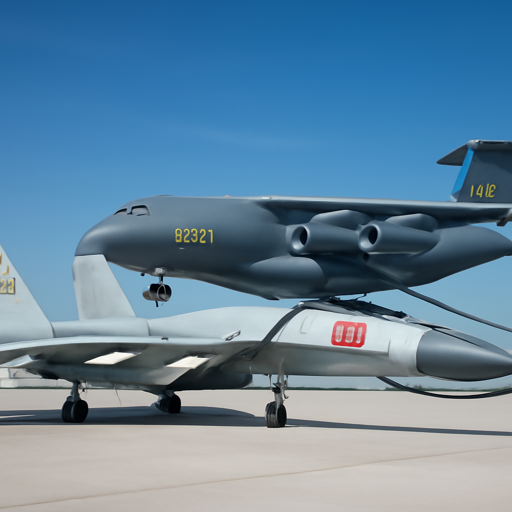 J-15 fighter jet being refueled by Y-20A tanker on a runway.