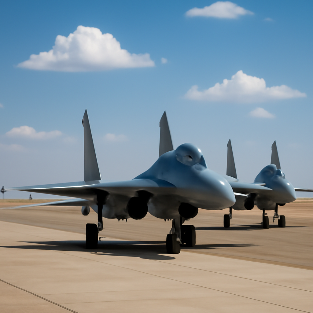 Two J-16 fighter jets taxi on a sunlit runway against a clear blue sky with puffy clouds and a sandy-brown landscape.