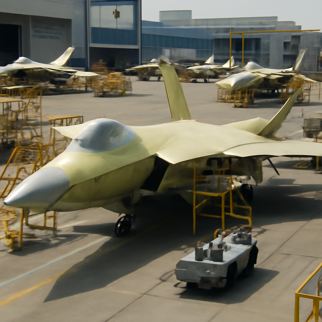 Multiple J-20 fighter jets on a production line with industrial equipment and partially completed aircraft in the background.