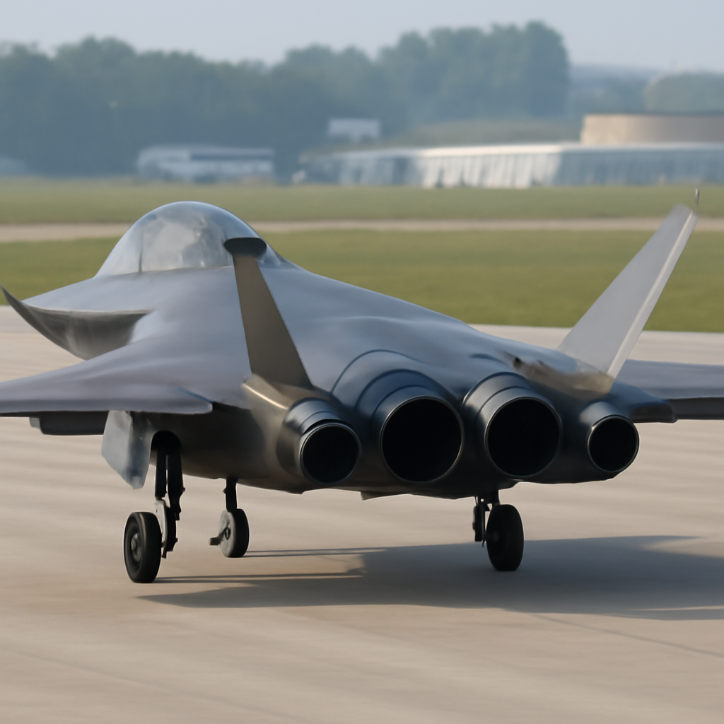 J-36 stealth jet prototype on a runway, showcasing three engines and two seats.