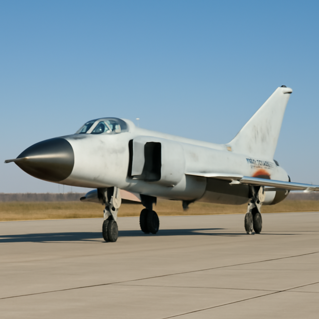 Chinese J-8II interceptor aircraft on a runway with blue sky background.