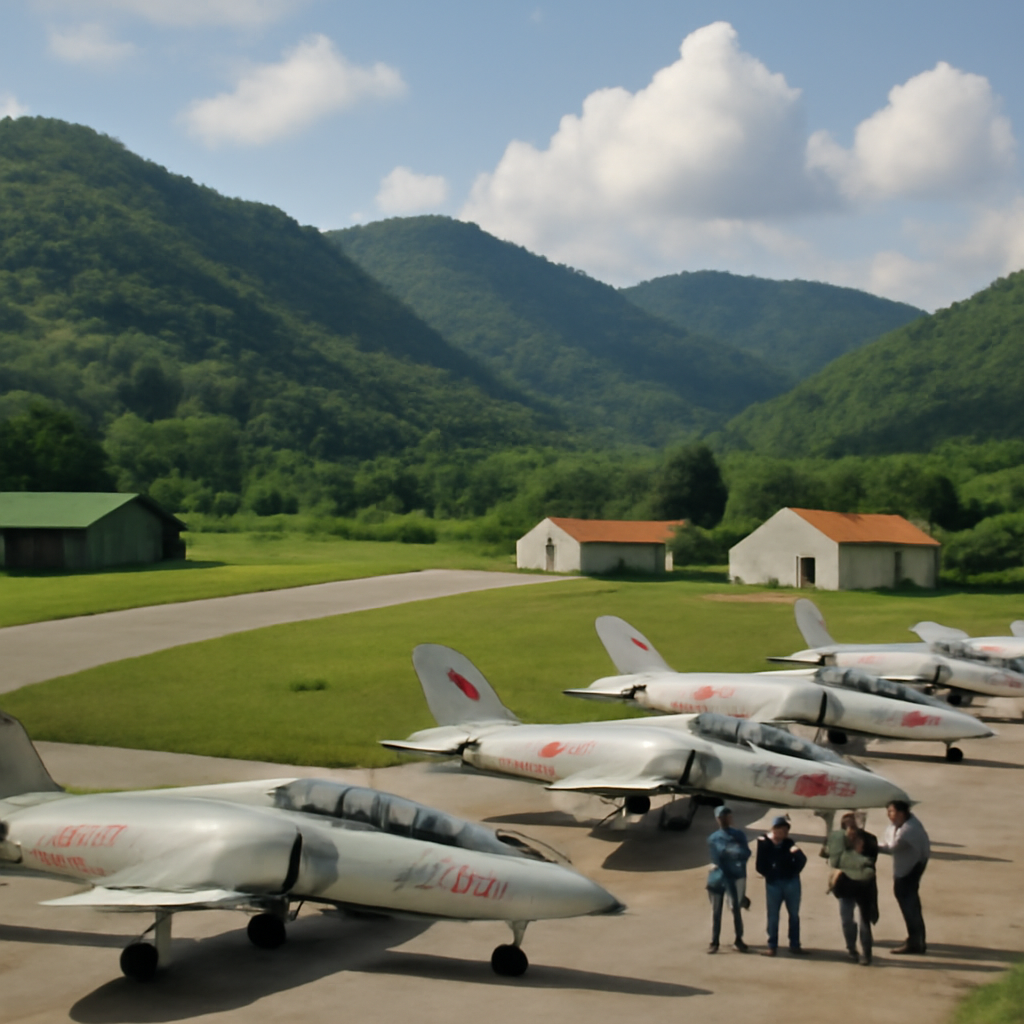 Rural airfield with buildings, short runway, and parked JL-8/K-8 trainer aircraft.