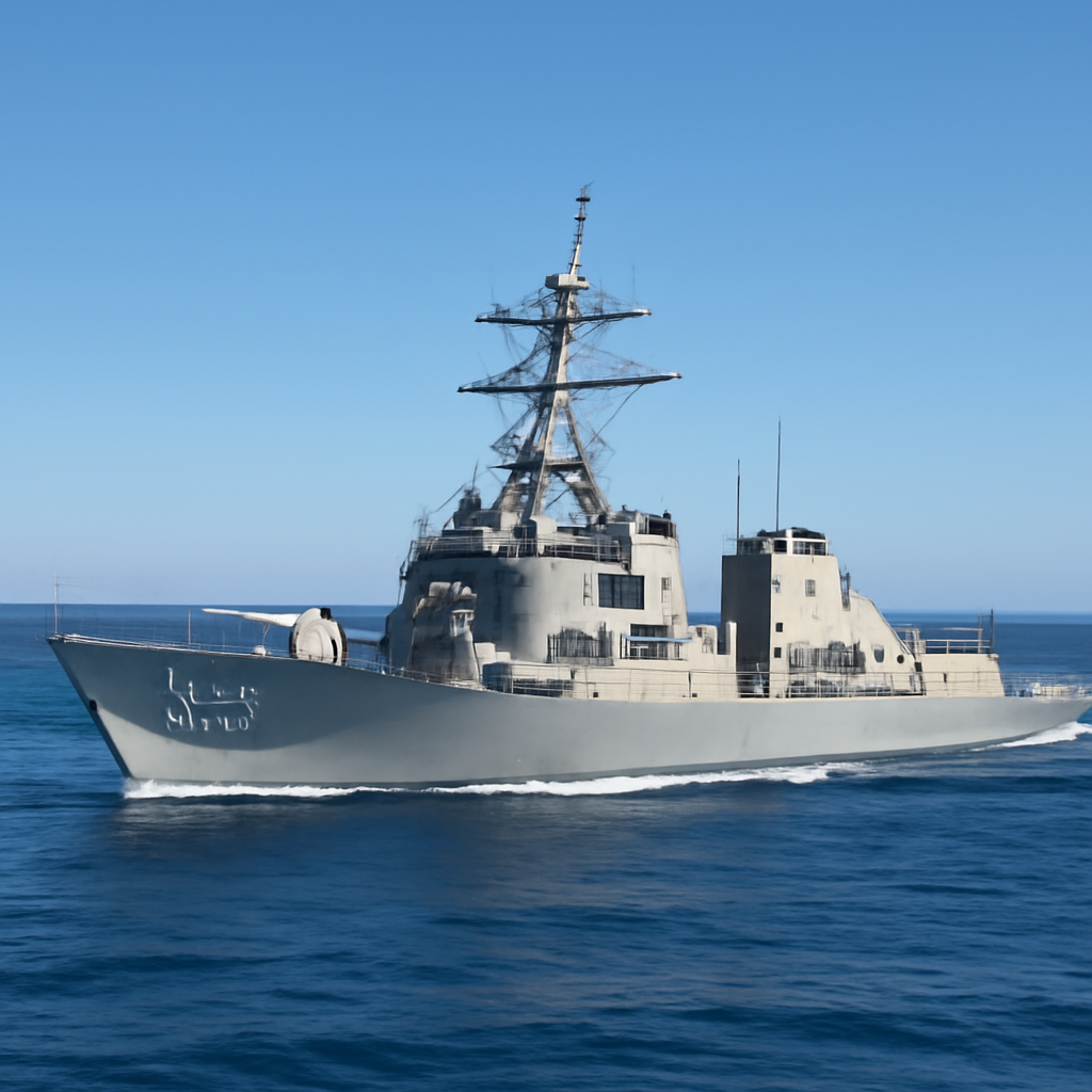 Naval vessel sailing in open waters with coastline in distance.