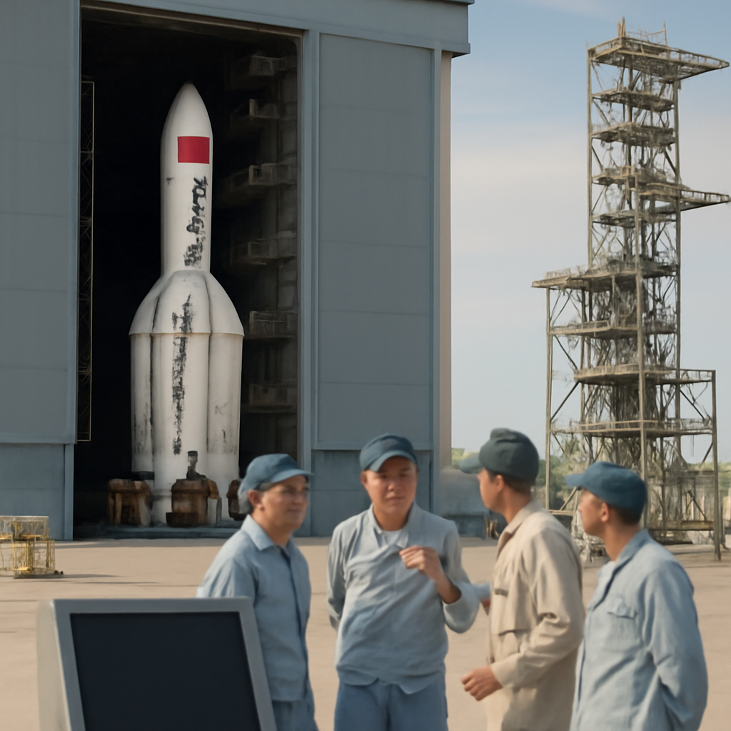 Technicians in a hangar with a rocket in the background at a Chinese space facility.