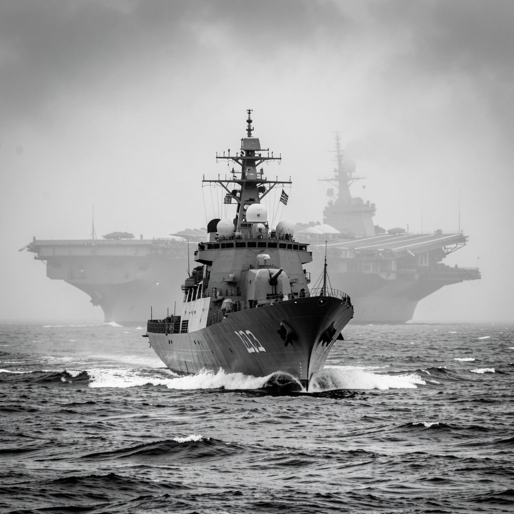 Chinese warship sails prominently in foreground, with US aircraft carrier partially obscured by fog in background.