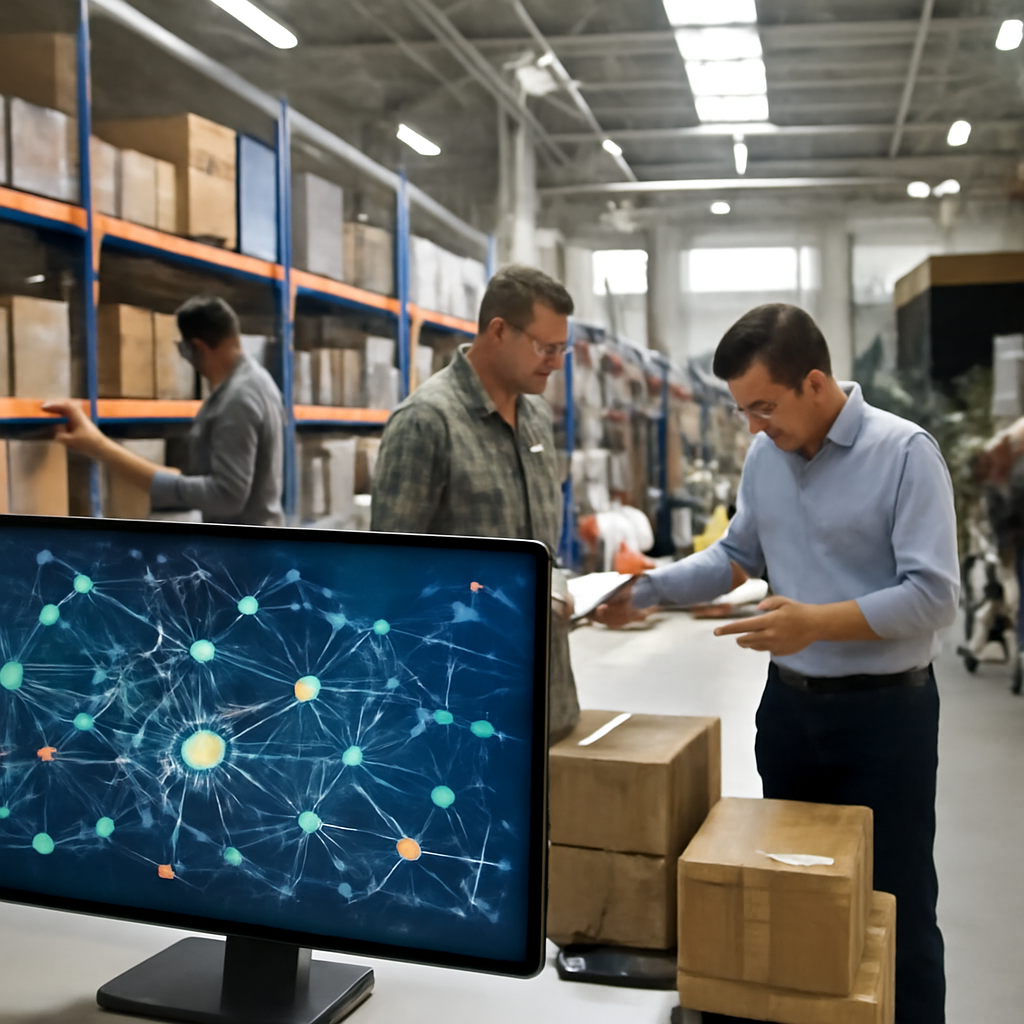 Military personnel work amidst rows of shelved supplies in a brightly-lit logistics hub.