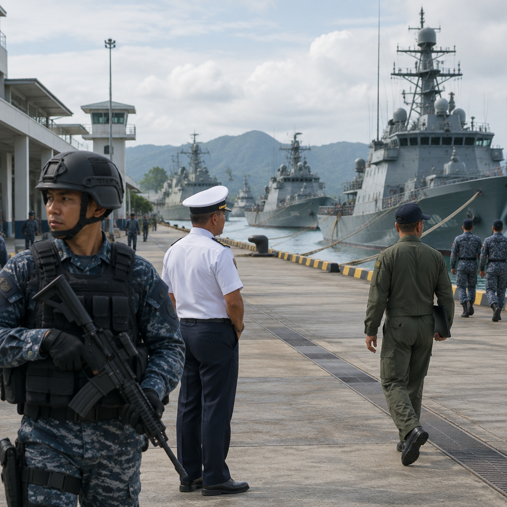 Military personnel stand vigilant at a Southeast Asian naval base with warships docked in the background.