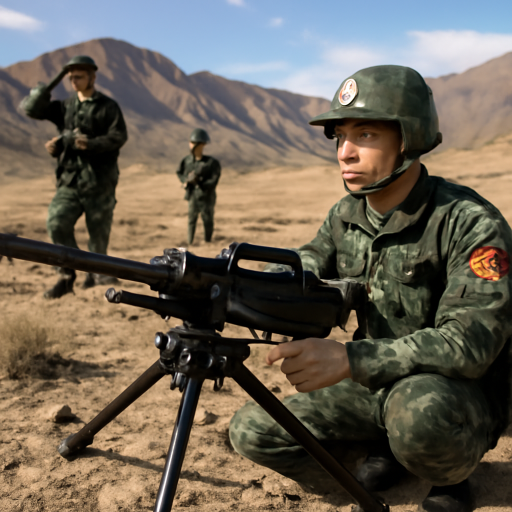 PAP soldier operates QJZ171 heavy machine gun during border-patrol drills in rugged terrain.