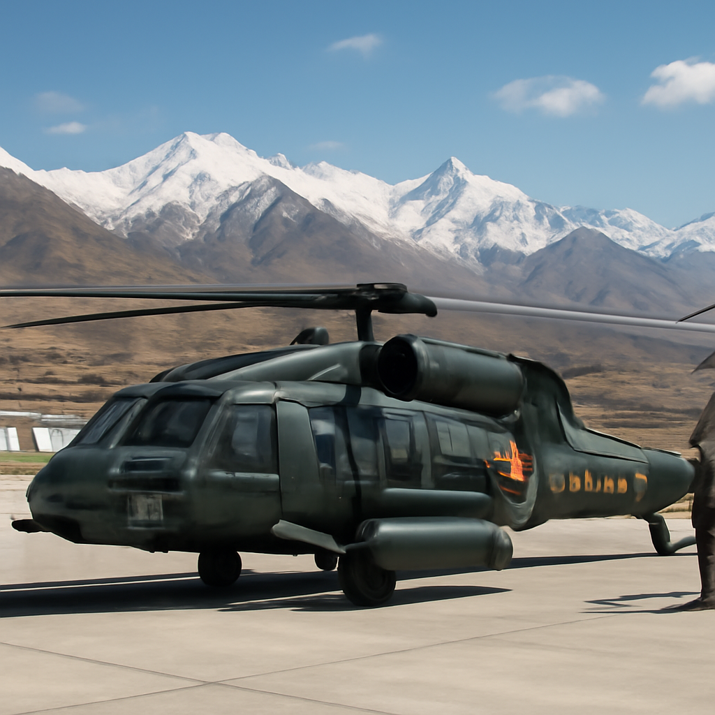 Chinese military helicopter parked on a mountain base with snow-capped peaks in the background.