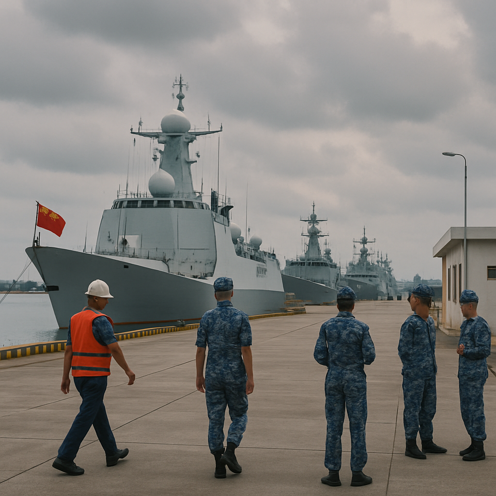 Chinese warships anchored at a naval base in the Indo-Pacific region with personnel in the foreground.