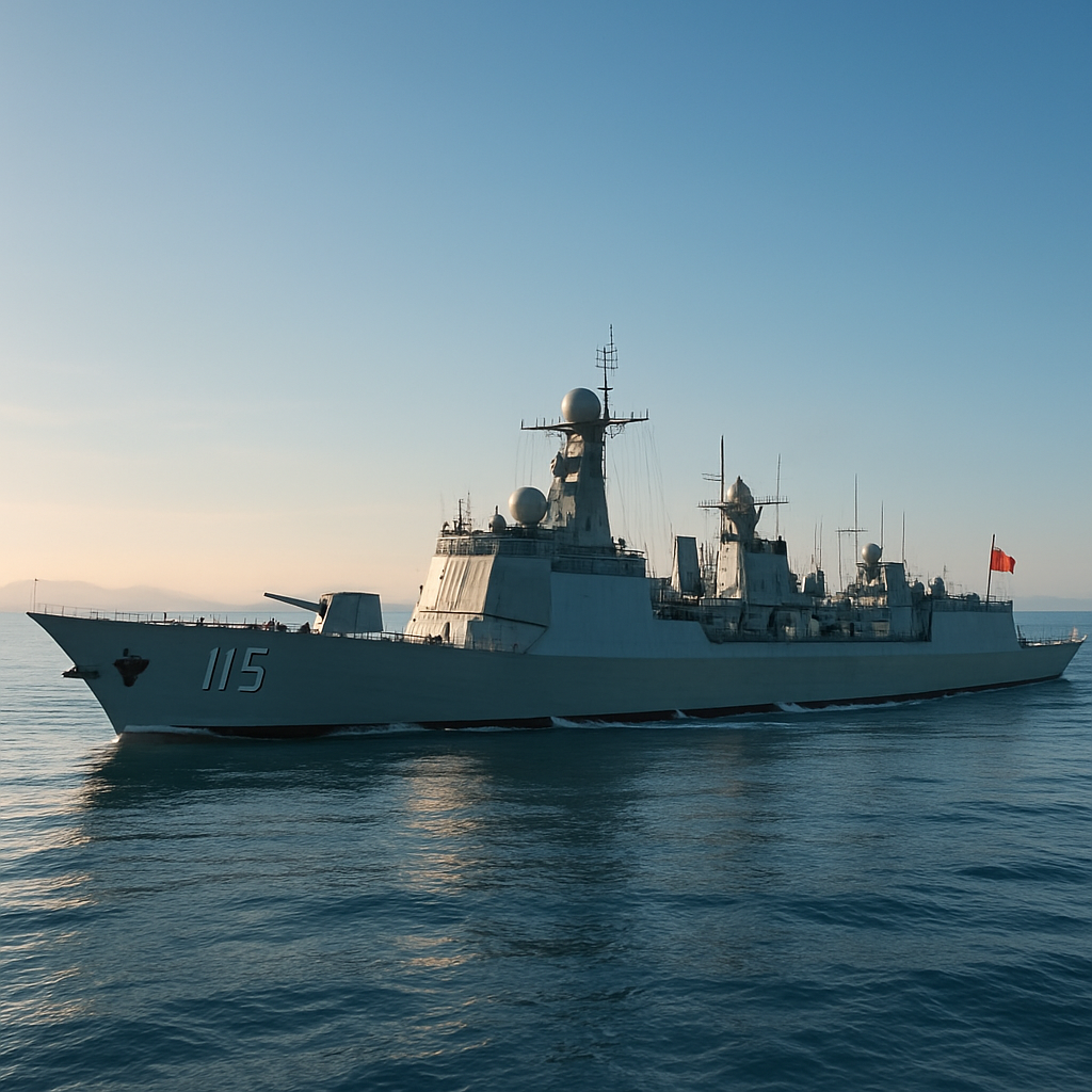 Chinese warship sailing in calm waters under a clear blue sky near distant islands.