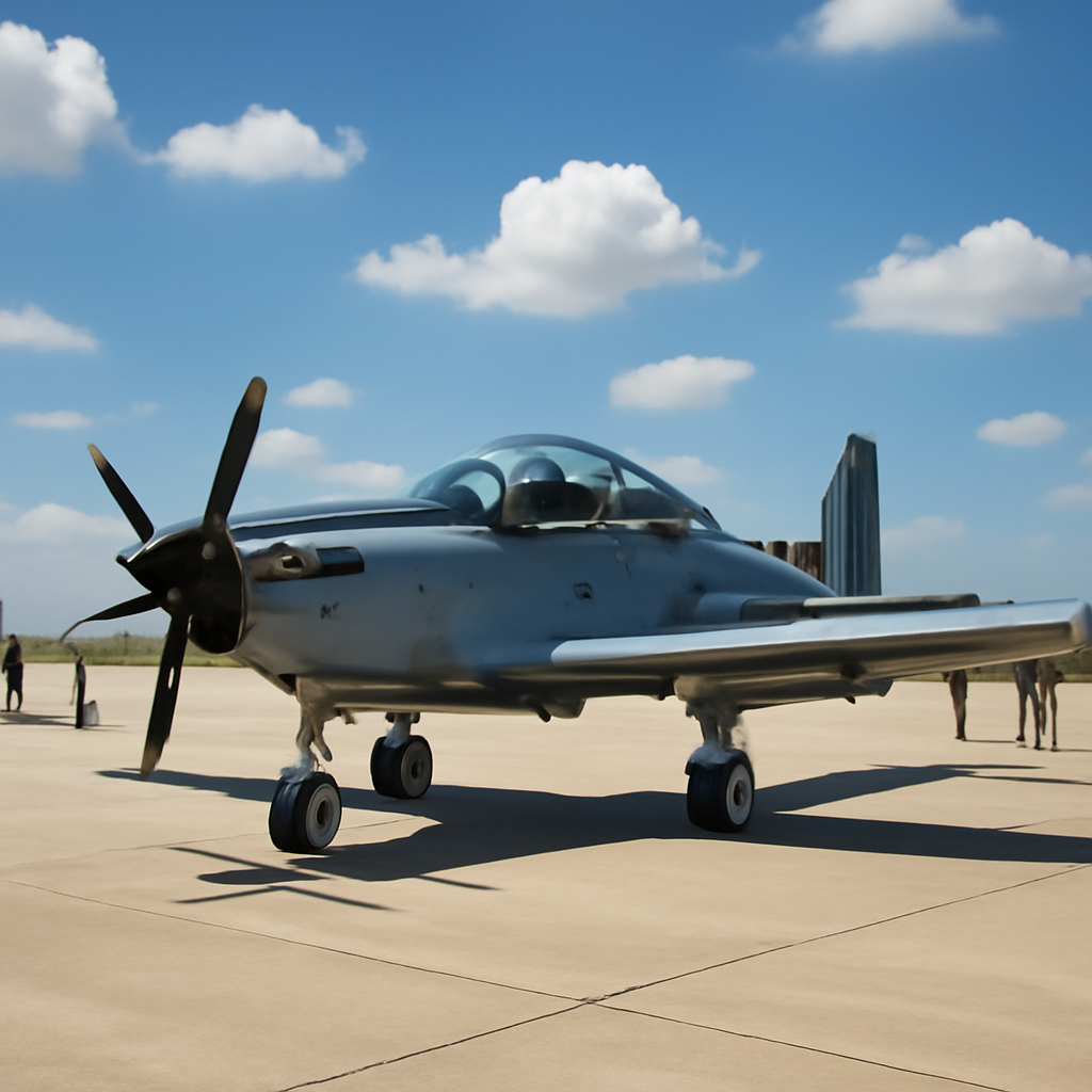 Small single-engine military trainer plane on a runway with people in background.