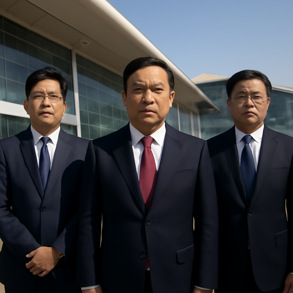 Chinese Ambassador Liu Jinsong stands with aides at a modern airport.
