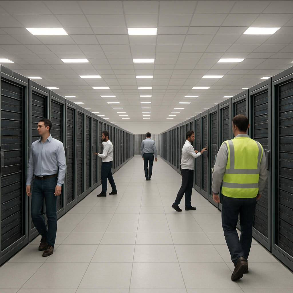 Technicians inspect rows of server racks in a large, brightly-lit data center interior.