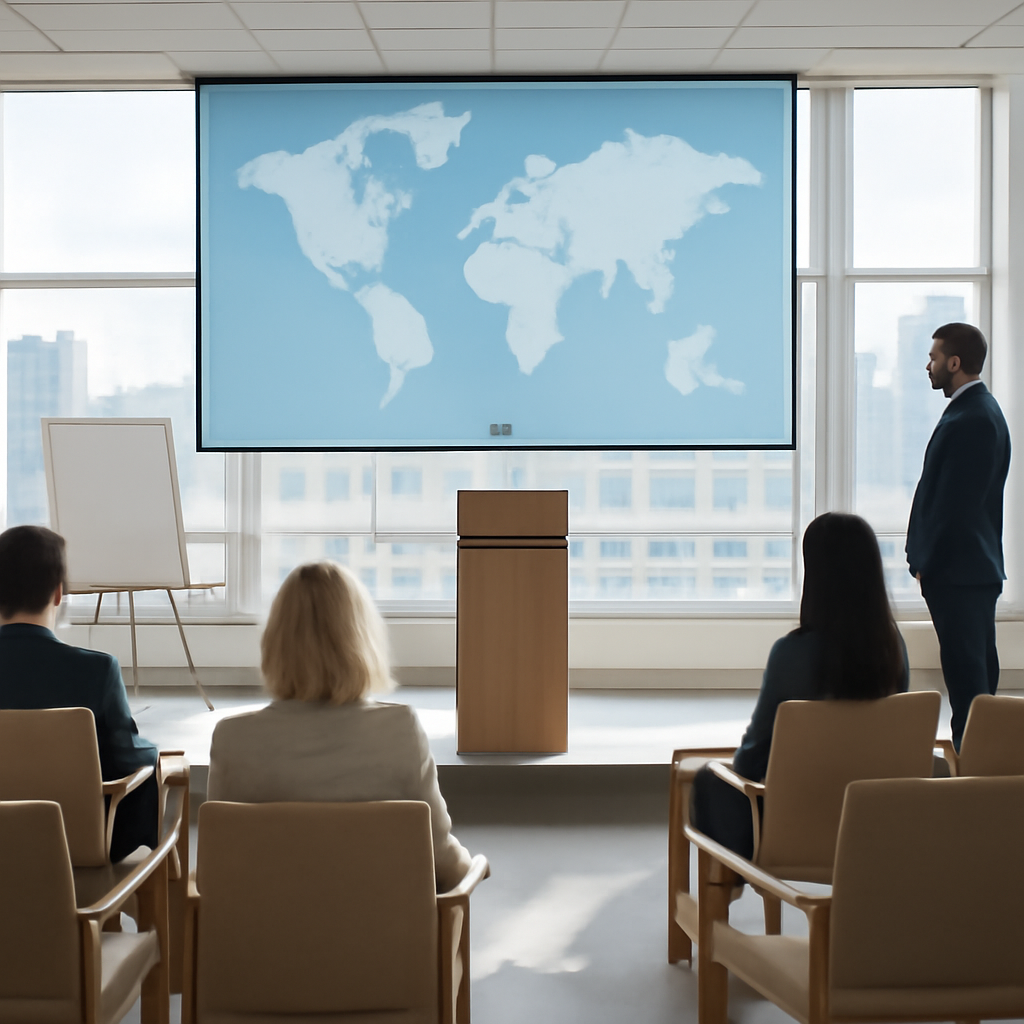 Modern conference room with podium set against a cityscape and world map backdrop under soft daylight.