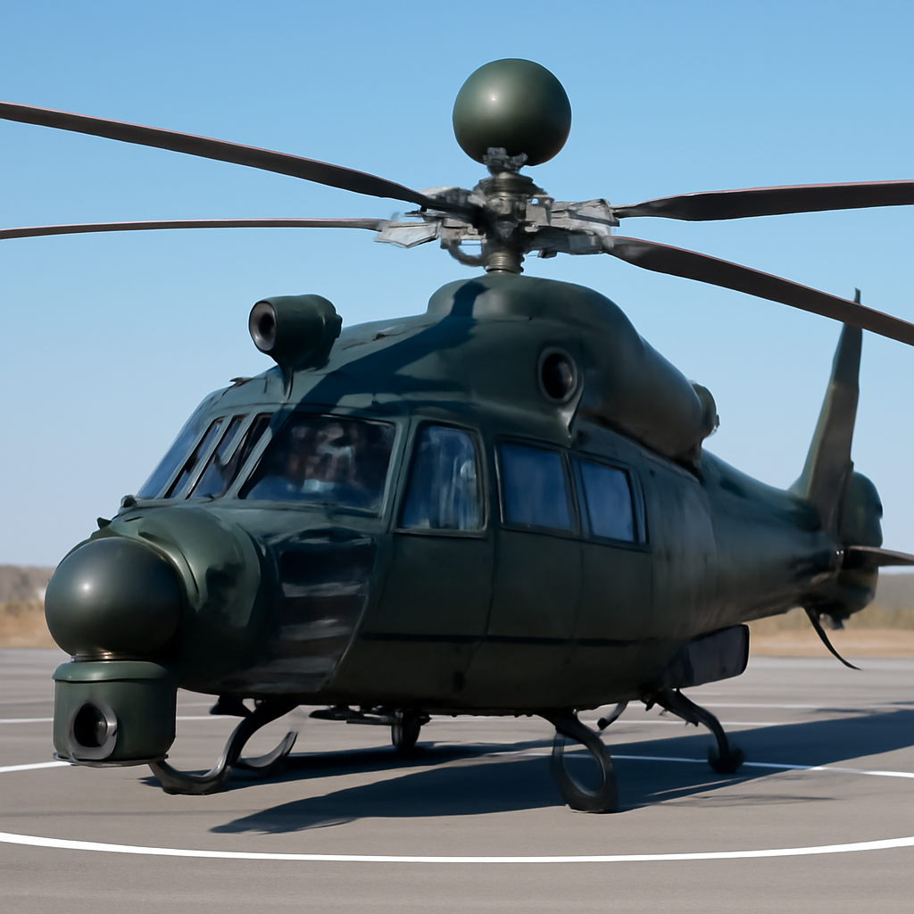 People's Armed Police helicopter in dark green on a helipad with blue sky background.