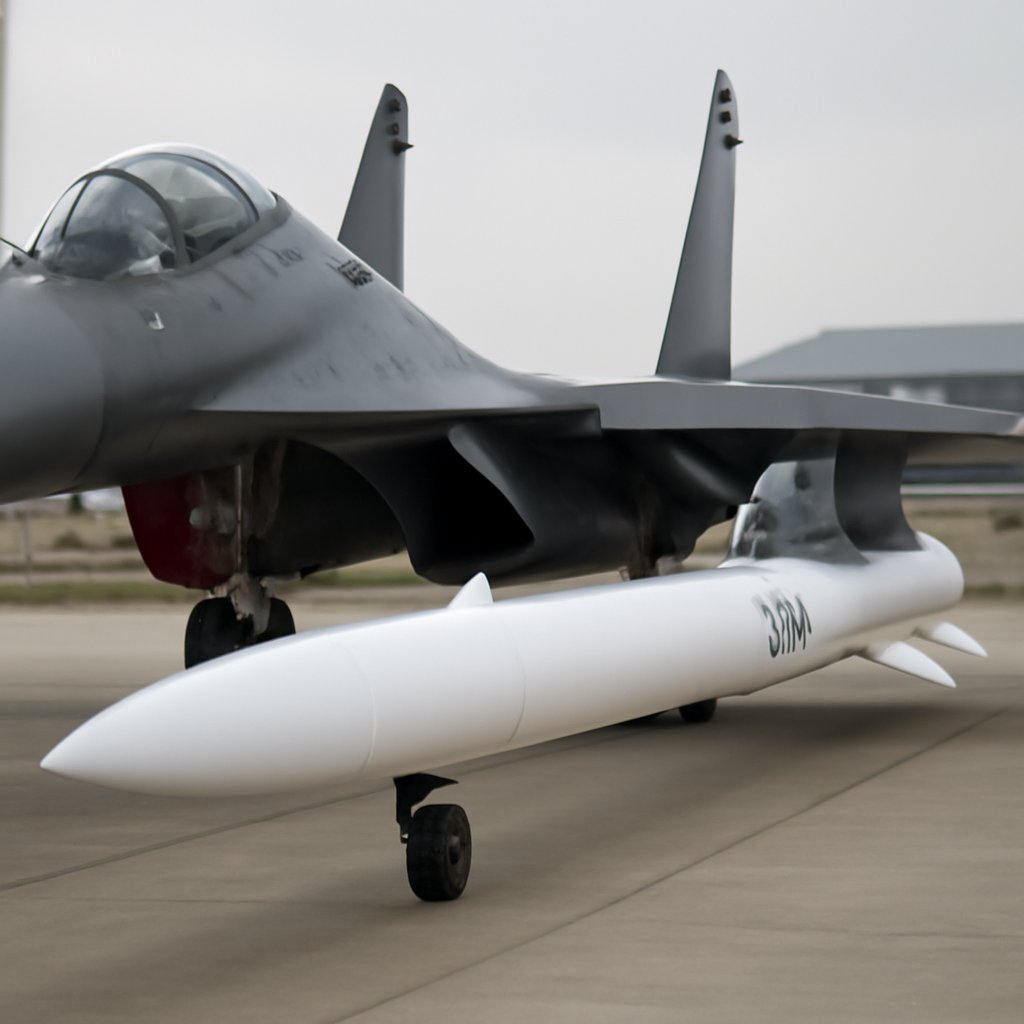 J-16 fighter jet with PL-17 missile mounted on hardpoint at Chinese military airbase.