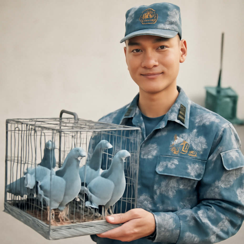 PLA personnel holds cage with homing pigeons against plain backdrop.
