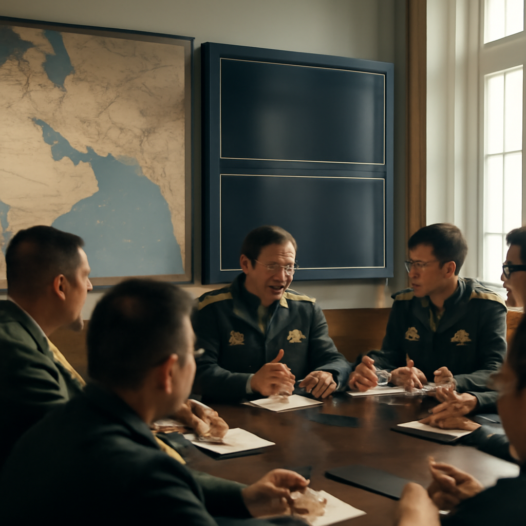 PLA officers in formal attire discuss military operations around a conference table with a large Middle East map and…