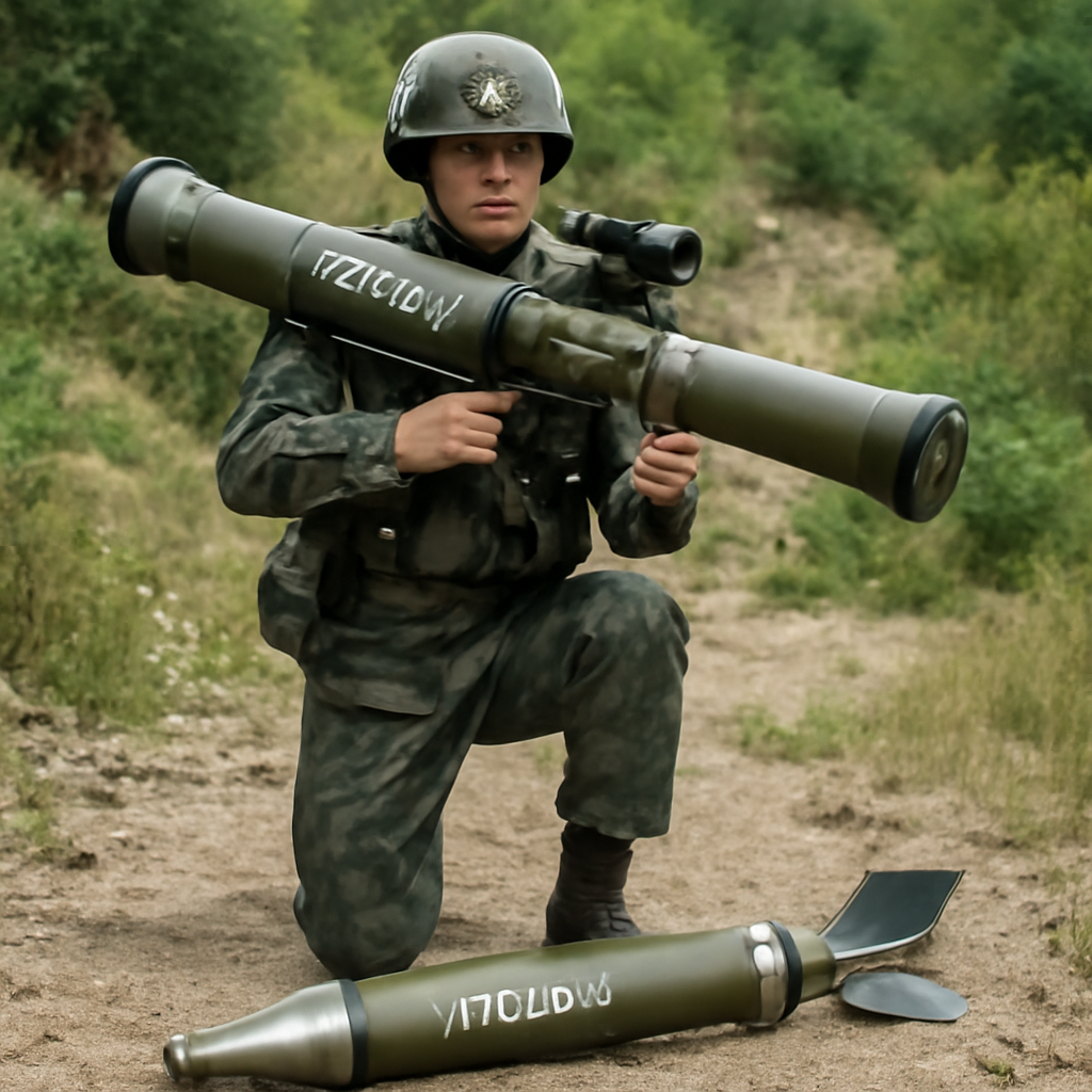 Soldier holds infantry weapon system with bunker-buster rocket nearby outdoors.