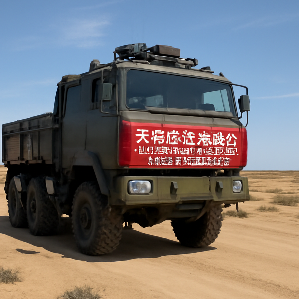 A tactical truck with a warning banner is parked on a test range in Inner Mongolia under a clear sky.