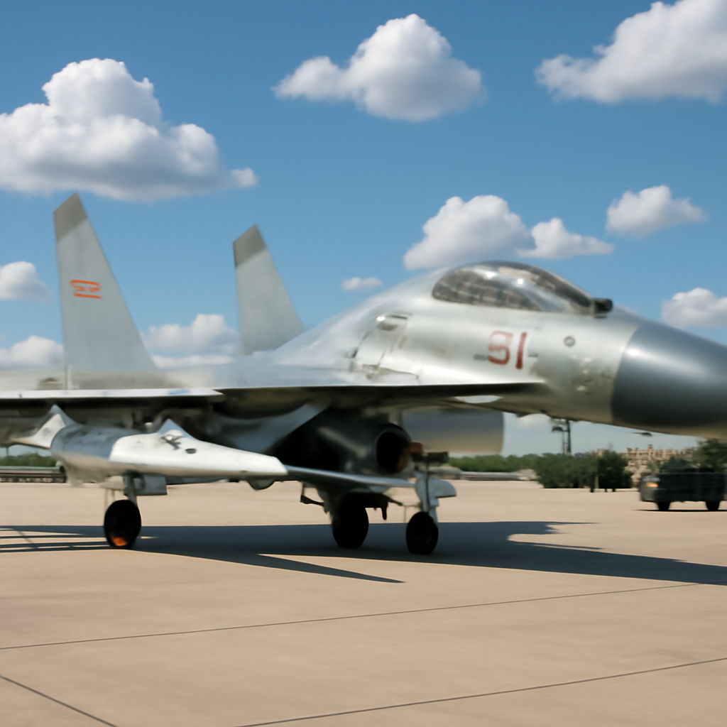Legacy J-11 jet with PL-17 missile mounted under wing on military airfield with ground support vehicles and personnel.