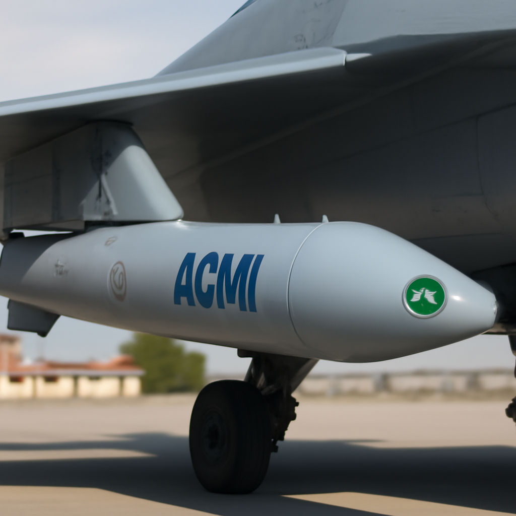 Sleek ACMI pod mounted on a fighter jet, showcasing sensor components.